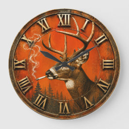Funny Smoking Deer Rustic Hunting Cabin  ラージ壁時計