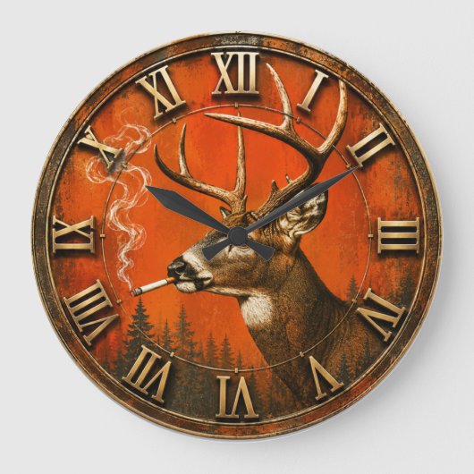 Funny Smoking Deer Rustic Hunting Cabin ラージ壁時計 (正面)