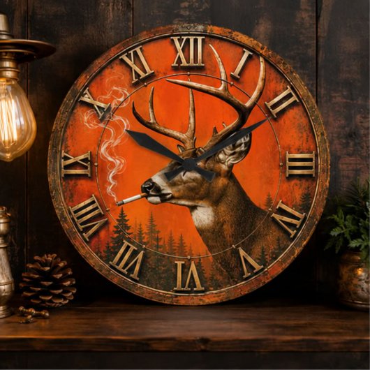 Funny Smoking Deer Rustic Hunting Cabin ラージ壁時計