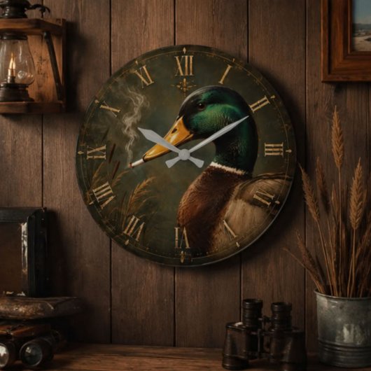 Funny Smoking Duck Hunter Cabin ラージ壁時計