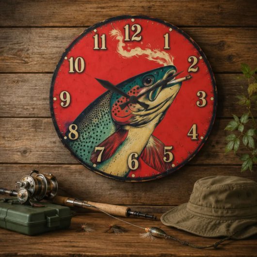 Funny Smoking Fish Fisherman  ラージ壁時計