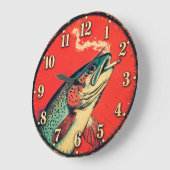 Funny Smoking Fish Fisherman  ラージ壁時計 (傾斜)