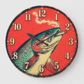 Funny Smoking Fish Fisherman  ラージ壁時計 (正面)