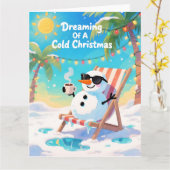 Funny Snowman Beach Christmas Dreaming Of A Cold カード (黄色い花)