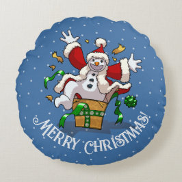 Funny Snowman Merry Christmas Surprise Cartoon ラウンドクッション