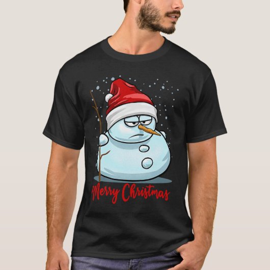Funny Snowmen Merry Christmas Snowflakes Santa Hat Tシャツ (正面)