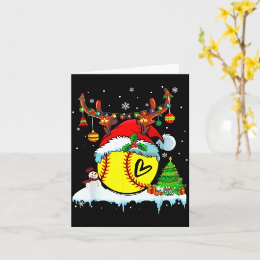 Funny Softball Christmas Reindeer Santa Hat Lights カード (黄色い花)