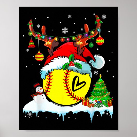 Funny Softball Christmas Reindeer Santa Hat Lights ポスター (正面)