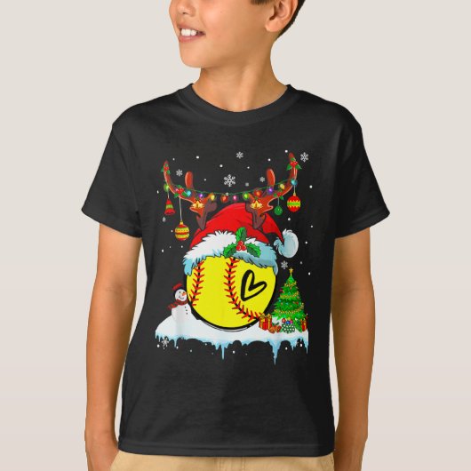 Funny Softball Christmas Reindeer Santa Hat Lights Tシャツ (正面)
