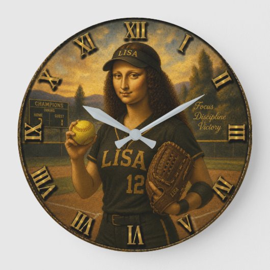 Funny Softball Mona Lisa Pitcher Gift ラージ壁時計 (正面)