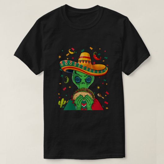 Funny Sombrero Alien  Taco UFO Mexico Flag Cinco D Tシャツ (デザイン正面)