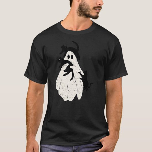 Funny Spooky Ghost Hold Black Cat Halloween Men Wo Tシャツ (正面)