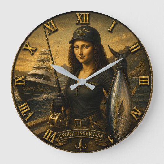 Funny Sport Fishing Mona Lisa Fisherman Gift ラージ壁時計 (正面)