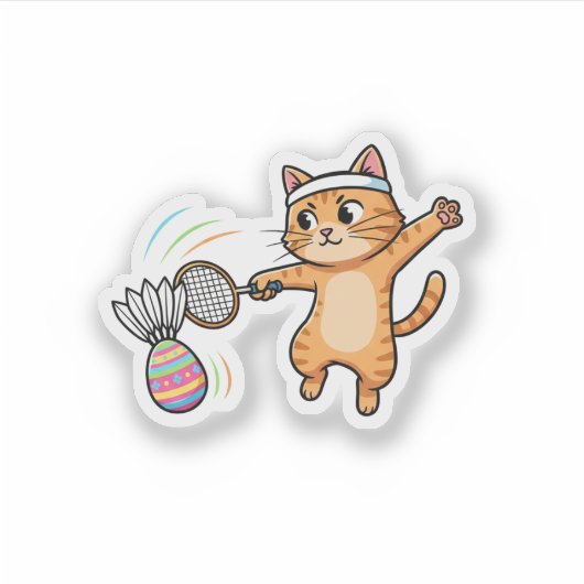 Funny Sporty Cat Badminton Easter Egg Shuttlecock  シール (正面)