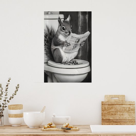 Funny Squirrel Bathroom Print, Reading Newspaper ポスター (キッチン)