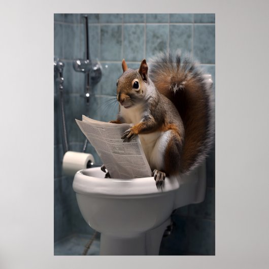 Funny Squirrel Bathroom Print, Toilet Newspaper ポスター (正面)