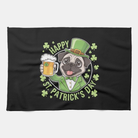Funny St. Patrick’s Day Pug with Beer Mug キッチンタオル (横)