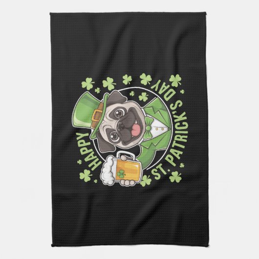 Funny St. Patrick’s Day Pug with Beer Mug キッチンタオル (縦)