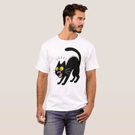 Funny Startled Black Cat Cartoon Illustration Tシャツ (正面フル)