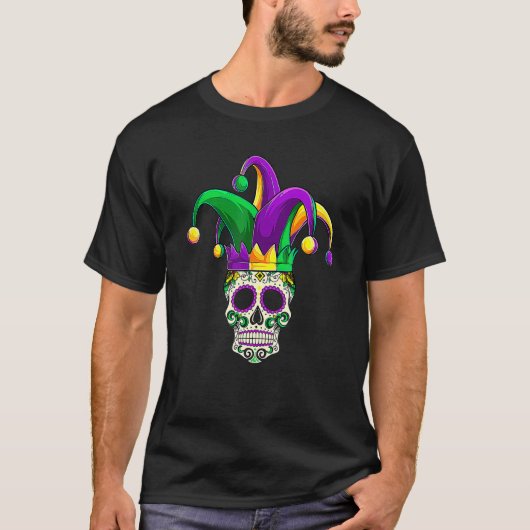 Funny Sugar Skull Jester Mardi Gras Party Men Wome Tシャツ (正面)