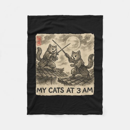 Funny Sumi-e Kawaii Ink Painting Japanese My Cats  フリースブランケット (正面)
