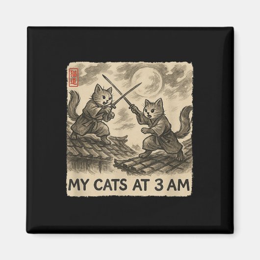 Funny Sumi-e Kawaii Ink Painting Japanese My Cats  マグネット (正面)