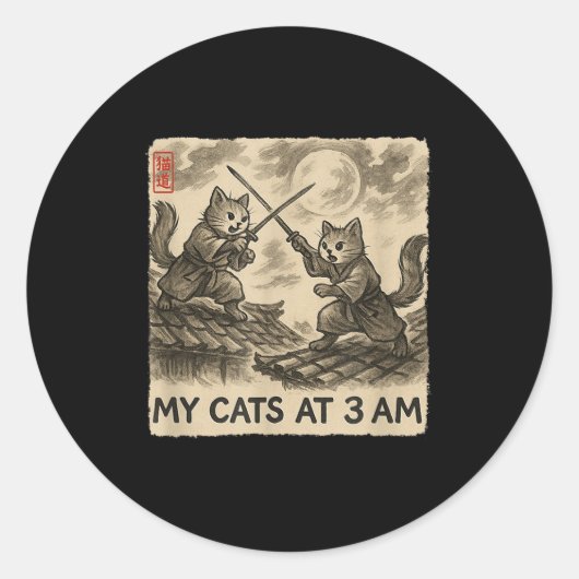 Funny Sumi-e Kawaii Ink Painting Japanese My Cats  ラウンドシール (正面)