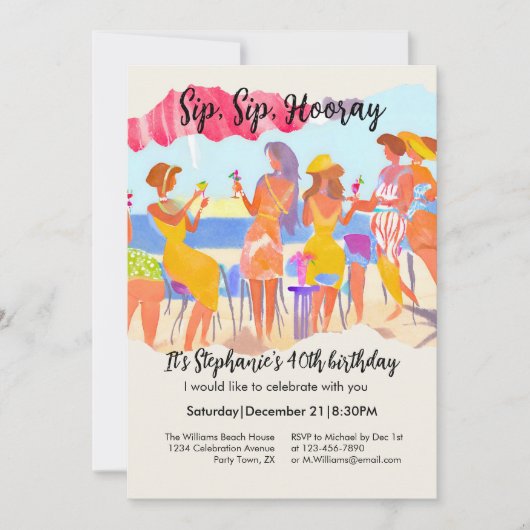 Funny Summer Beach Cocktail Women's 40th Birthday 招待状 (正面)