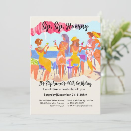Funny Summer Beach Cocktail Women's 40th Birthday 招待状 (スタンド正面)