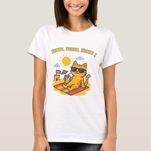 Funny Summer Cat T-Shirt – "Sunny, Funny, Honey!" Tシャツ (正面)