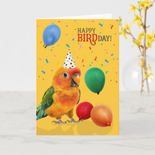 Funny Sun Conure Parrot Birthday カード (黄色い花)