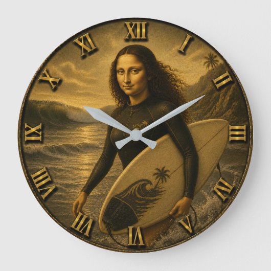Funny Surfer Mona Lisa Tropical Ocean Decor ラージ壁時計 (正面)
