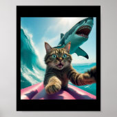 Funny Surfing Cat Selfie With Shark Meme _1 ポスター (正面)