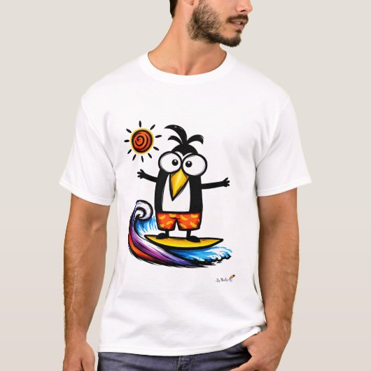 Funny Surfing Penguin Cartoon T-Shirt Tシャツ (正面)