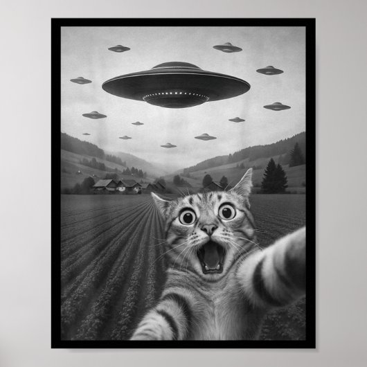 Funny Surprised Ed Cat Selfie With Alien Ufo Cat U ポスター (正面)