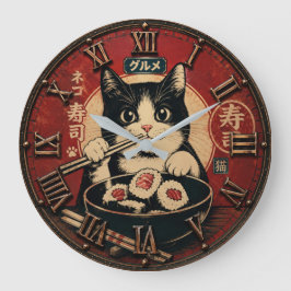 Funny Sushi Cat Japanese Ramen Kitchen ラージ壁時計