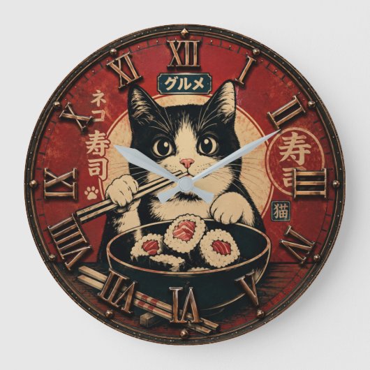 Funny Sushi Cat Japanese Ramen Kitchen ラージ壁時計 (正面)
