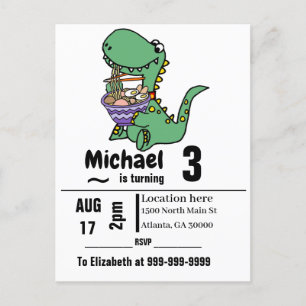 Funny T-rex Dinosaur eating Ramen Noodles インビテーションポストカード