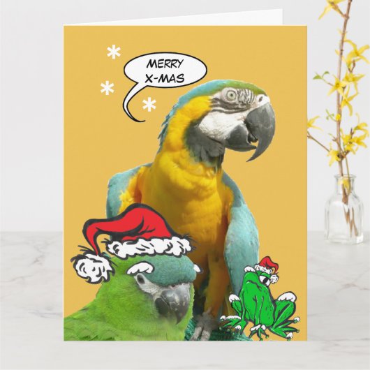 Funny Talking Parrot Merry X-Mas Greeting Card カード (黄色い花)