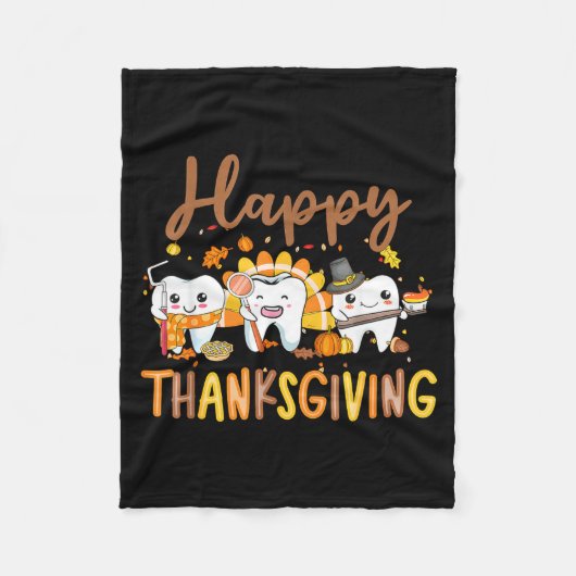 Funny Teeth Thanksgiving Dentist Turkey Dental Squ フリースブランケット (正面)