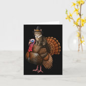 Funny Thanksgiving Cat On Turkey, Lgrim Hat Turkey カード (黄色い花)