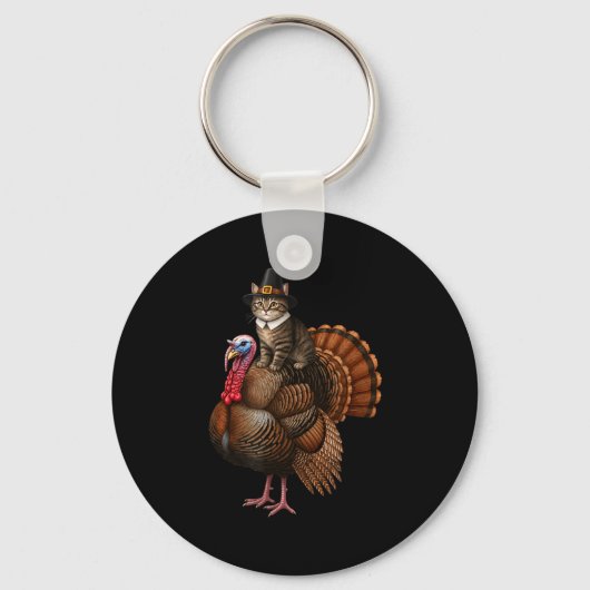 Funny Thanksgiving Cat On Turkey, Lgrim Hat Turkey キーホルダー (正面)
