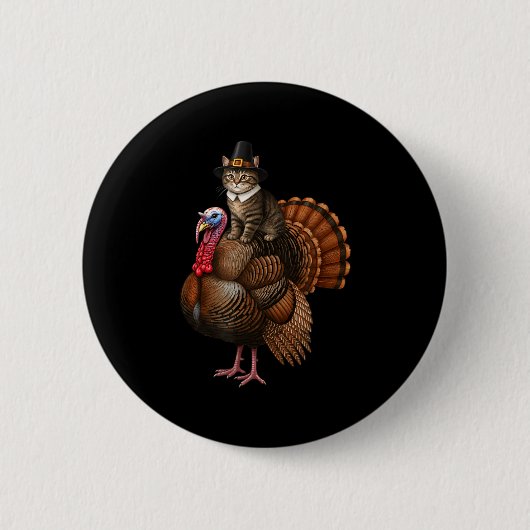 Funny Thanksgiving Cat On Turkey, Lgrim Hat Turkey 缶バッジ (正面)
