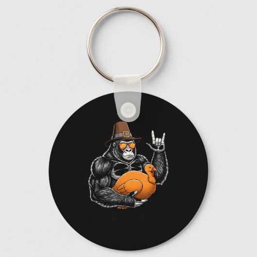 Funny Thanksgiving Gorilla Holding Turkey Lgrim Ha キーホルダー (正面)