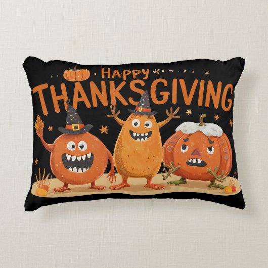 Funny Thanksgiving Pumpkins in Witch Hats Cartoon アクセントクッション (正面)