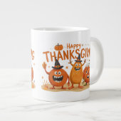 Funny Thanksgiving Pumpkins in Witch Hats Cartoon ジャンボコーヒーマグカップ (正面右)