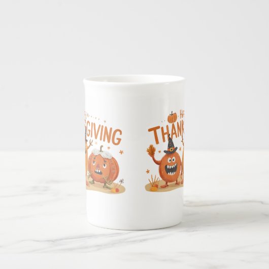 Funny Thanksgiving Pumpkins in Witch Hats Cartoon  ボーンチャイナマグカップ (正面)
