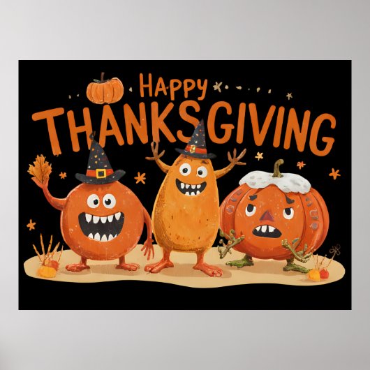 Funny Thanksgiving Pumpkins in Witch Hats Cartoon  ポスター (正面)