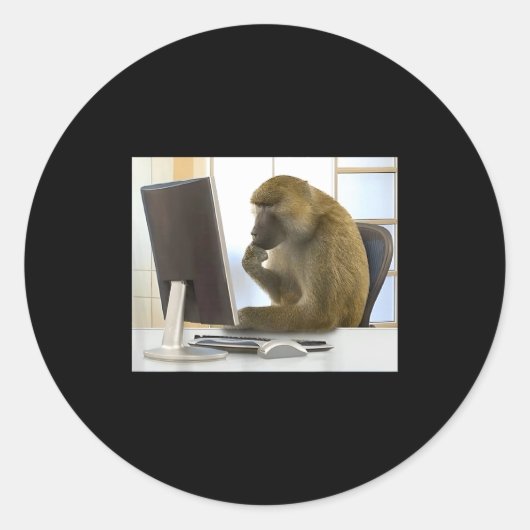 Funny Thinking Monkey Meme Office Curious Ape Brai ラウンドシール (正面)