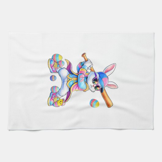 Funny Tie Dye Rabbit Baseball Easter Bunny Men Boy キッチンタオル (横)